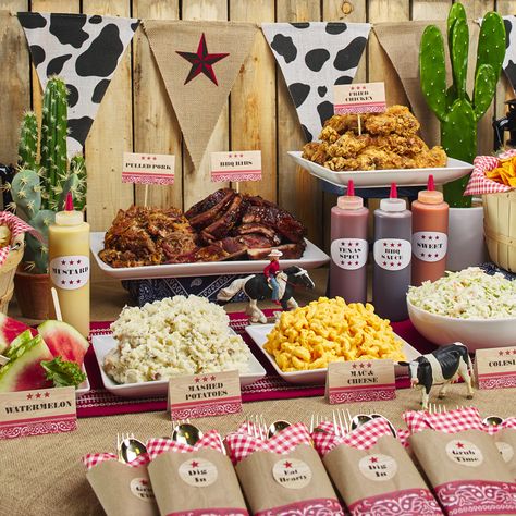 Get ready to throw the coolest Western Party in town! Check out these ideas using Avery Products and Avery's free western themed templates. Wild West Birthday Party Western Theme, Bbq Theme Birthday Party, Western Cowboy Birthday Party, Cowboy Birthday Ideas, My 1st Rodeo Birthday Party Food, Western Theme Birthday Party Boy, Food For Cowboy Party, Cowboy Party Food Western Theme, Country Themed Party Ideas