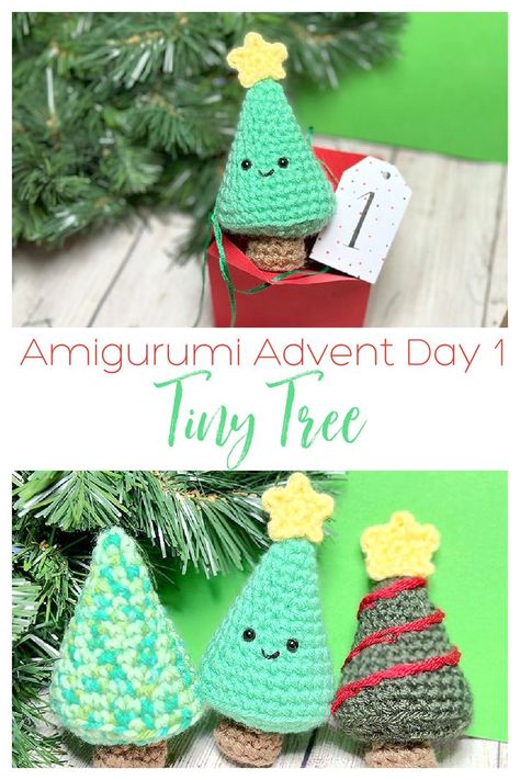 Day 1 of the Mini Amigurumi Advent is a cute little tiny tree. Free crochet pattern for a little amigurumi Christmas tree, about 5" tall. Add a cute little face, decorate, or leave it plain. Crochet Christmas Tree Ornament, Amigurumi Christmas Tree, Tiny Christmas Trees, Tiny Tree, Crochet Christmas Tree, Christmas Crochet Patterns Free, Tiny Crochet, Mini Amigurumi, Crochet Sewing