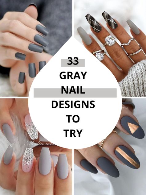 Greyish Nails Designs, Nail Ideas Grey And White, Classy Gray Nails, Gray And Gold Nail Designs, Fall Grey Nail Designs, Gray Almond Nails Design, Gray French Tip Nails Almond, Gray Fingernail Designs, Gray Nails With Design Fall