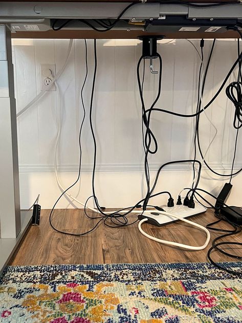 How To Hide Cords On A Standing Desk – A Pretty Happy Home Cable Management For Standing Desk, Hiding Office Cords, Hiding Monitor Cords Computer Desks, Cord Management Desk, Cord Management Standing Desk, Computer Wire Organization Hiding Cords, Home Office Hide Cords, Computer Cord Management, Cord Hiding Ideas Desk