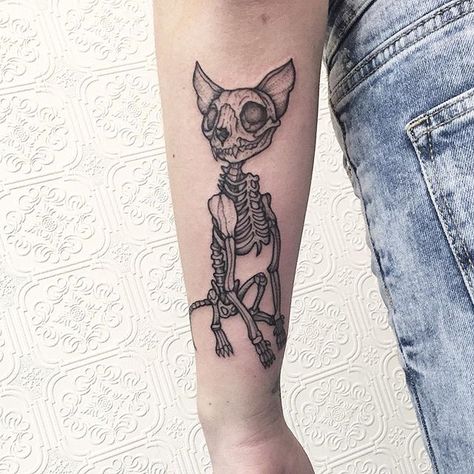 Awesome little Cat Skeleton - thanks Kristin #tattoo #blacktattoo #blackworker… Cat Skeleton Tattoo, Tattoo Cat Paw, Ideas For Cats, Cats Tattoo, Skeleton Tattoo, Cat Skeleton, Black Cat Tattoos, Design Dragon, Music Tattoo Designs