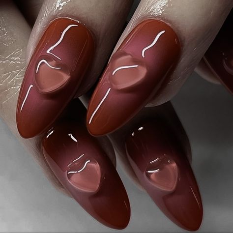 Jelly Color Nails Korean, Brown Asian Nails, Dark Academia Nail Designs, Burgundy Jelly Nails, Gelly Nail Korean, Kawaii Fall Nails, Jelly Brown Nails, Jelly Acrylics, Cherry Brown Nails