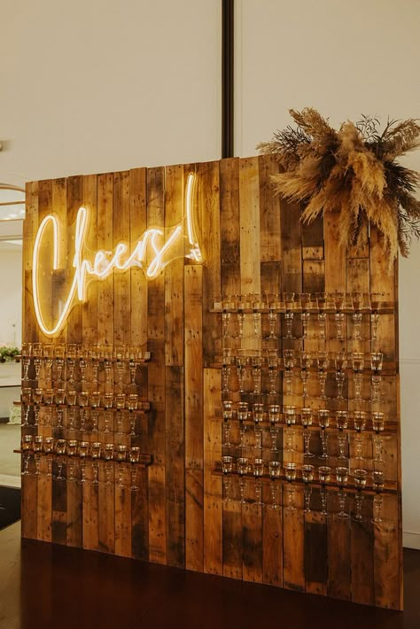 Champagne Wall Inspiration Champagne Wedding Shelf, Champagne Wall Neon Sign, Wedding Champagne Wall Ideas, Wooden Champagne Wall, Rustic Champagne Wall, Wood Champagne Wall, Winery Decor Ideas, Beer Wall Wedding, Shot Wall Wedding