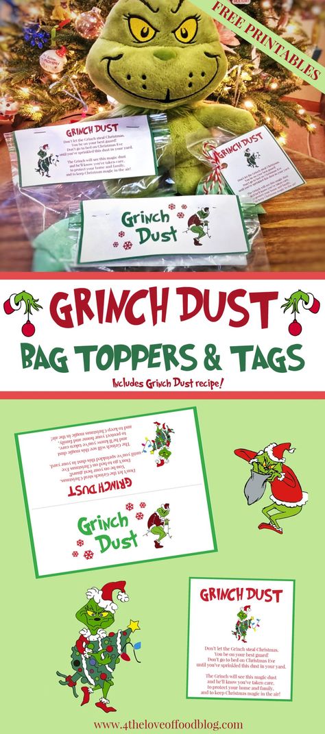 Just in time for Christmas Eve, today I am sharing a fun Grinch themed family activity with a printable poem card. Give them as gifts or make it together with your kids as your new Christmas Eve tradition.  Then have fun sprinkling the magic dust in your yard before Christmas to keep the Grinch away! Grinch Secret Santa Ideas, How To Make Grinch Dust, Grinch Week At School, Grinch Dust Printable Free, Grinch Kisses Tag, Grinch Dust Recipe, Grinch Poop Printable Free, Easy Grinch Crafts, Grinch Day At School Activities