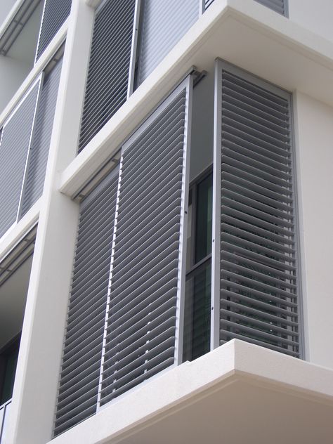 Exterior Shutter Enclosures | The Shade Shop Door Window Blinds, Shutter Interior, Home Window Grill Design, Grill Design Modern, Outdoor Shutters, Window Shutters Exterior, Window Grill Design Modern, Sliding Shutters, Interior Window Shutters