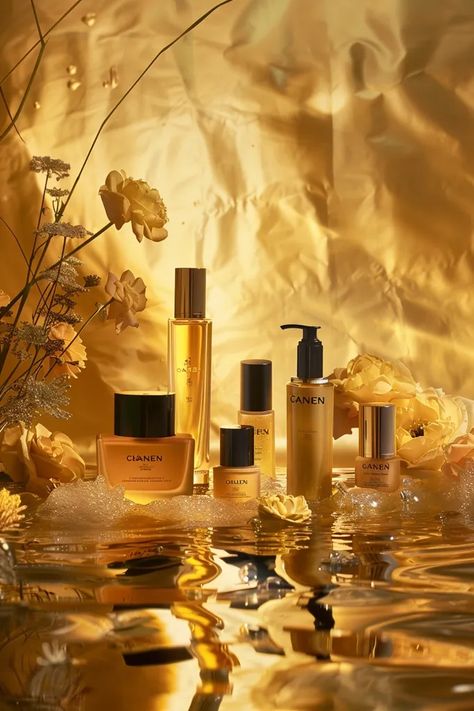 The image is a product shot of a line of skincare products. The background is a warm, golden color, and the products are arranged on a reflective surface, with a few yellow roses placed around them ->> more details in ai-img-gen.com Luxury Skincare Photoshoot, Golden Set Design, Reflective Product Photography, Luxury Skincare Product Photography, Cosmetic Products Photography, Golden Hour Product Photography, Fragrance Photoshoot, Luxury Product Photography, Gold Skincare