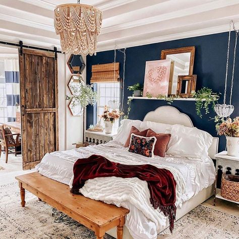 Boho Master, Traditional Bedroom Design, Navy Blue Bedrooms, Master Room, Bohemian Bedroom Decor, Traditional Bedroom, Boho Room, Blue Rooms, Bedroom Boho