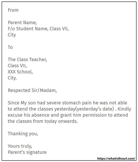 Leave Letter on Absence for Stomach Pain from Parents for Their Son/Daughter Formal Letter Format For Students, Excuse Letter For Being Absent In School Tagalog, Excuse Letter For Being Sick Student, Leave Letter Format For School, Leave Letter For School, Letters For Teachers From Student, Formal Letter Writing Format, Absent Letter, Letter Writing Format