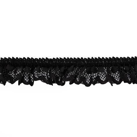 Perfect for your next black tie event, this Black Ruffled Lace Trimming adds a fun-loving flair with intricately sophisticated details! With just shy of 100 percent stretch, this lace trim features a classic black stitched design along the top that resembles diamonds when stretched, from which point a ruffled lace design with circles descends in a playful, lighthearted display to create this one-inch trim. Due to the high stretch, this youthful trimming is great for an array of applications, fro Design With Circles, Ribbon Png, Goth Decor, Mood Fabrics, Clothing Details, Black Tie Event, Lace Border, Fun Loving, Lace Ruffle