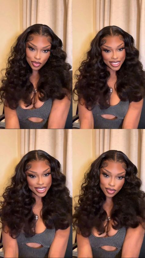 Graduation Wig Hairstyles With Cap, Side Part Big Curls Wig, Hairstyles For Graduation Black Women, Black Hair Crimped Hairstyles, Side Part With Crimps Black Women, Peruvian Deep Wave Sew In, Curled Black Wig, Big Hair Black Women, Black Crimped Wig