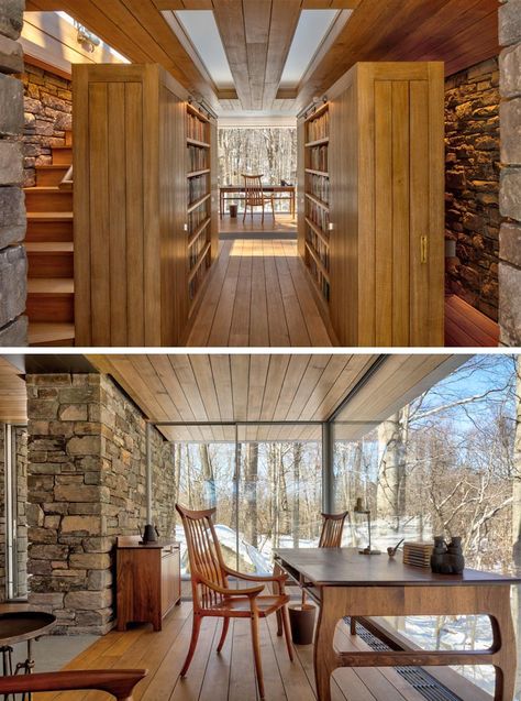 The glass-enclosed writer’s space which is cantilevered over the hill, has uninterrupted views along a 16-foot window wall. #WritersCabin #Cabin #Studio #GlassWalls Blue House Red Door, Writer Studio, Small Home Inspiration, Writers Studio, Cabin Studio, Writers Retreat, Architecture Window, Deco Garden, Stone Homes