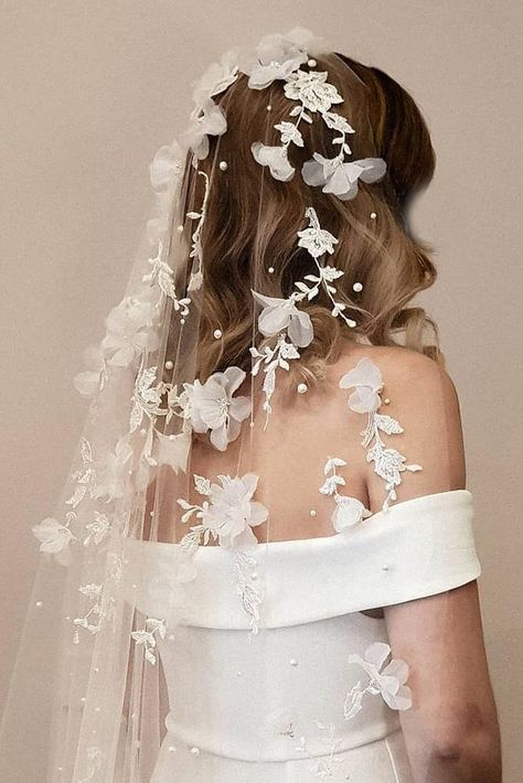 42 Wedding Hairstyles With Veil | Wedding Forward Long Veils Bridal, Hairstyles With Veil, Veils Wedding, Floral Veil, Flower Veil, Bride Veil, Wedding Bridal Veils, Lace Bride, Wedding Hairstyles With Veil