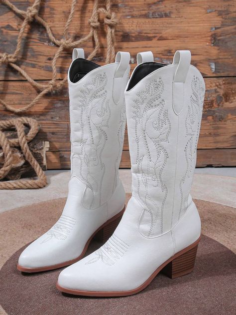 ROMWE Fairycore 2024 New Spring & Autumn Collection White Pointed Toe Embroidered Western Style Riding Boots, Cowboy Boots For WomenI discovered amazing products on SHEIN.com, come check them out! Cute White Cowgirl Boots, Wedding White Boots, White Boots Cowgirl, Women’s Cowboy Boots, Western Wedding Boots, White Wedding Boots, Style Riding Boots, Wedding Cowboy Boots, Cheer Banquet