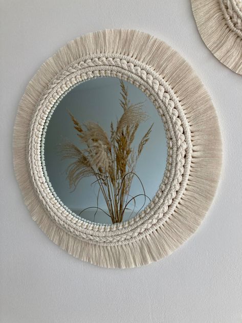 Macrame Hanging Mirror, Macrame Wall Mirror, Mirror Macrame Wall Hangings, Macrame Square Mirror, Makramee Mirror, Logs Ideas, Macrame Mirror Wall Hanging, Crochet Mirror, Mirror Macrame