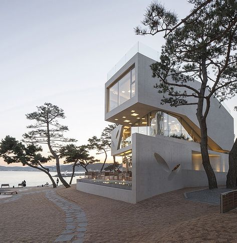 Waveon Coffee house by the sea & Getting There | KoreaToDo Sea Cafe Design, Cafe On The Beach, Beach Coffee Shop, Wellness Center Design, Haeundae Beach, The Coffee House, Cafeteria Design, Coffee House Design, Beach Architecture