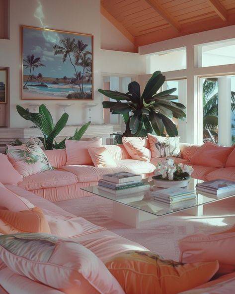 POV: Your luxury pink getaway home 🩷 [AI] Get your wall posters on liminaldestinations.com (link in bio!) • • • • #80sinterior #1980sinterior #80saesthetic #1980s #80svibes #80snostalgia #80sdecor #80s #80spenthouse #vintage #interiordesign #homedecor #luxuryhomes #midcentury #midcenturymodern #postmodern #luxury Miami Vice Living Room, 80s Florida Interior, 80s Beach Aesthetic, 80s Apartment, 80s Living Room, 1980s Interior Design, 80s Home Decor, 80’s Decor, Colonial Style Interior