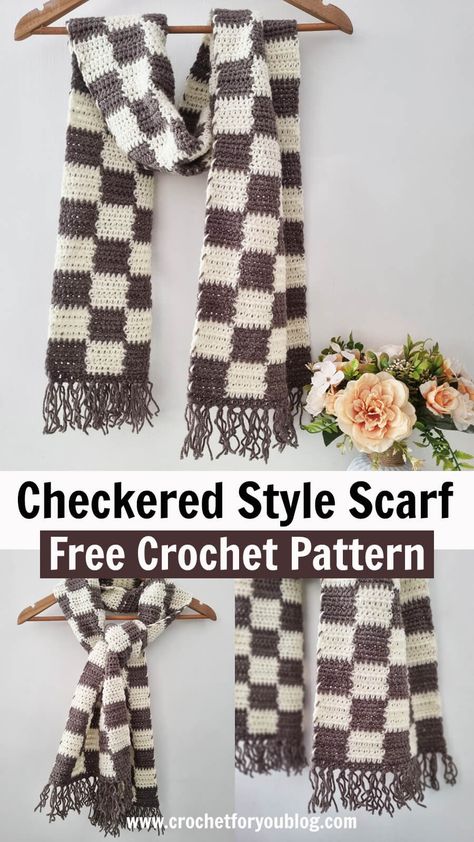 Best Crochet Scarf Stitch, Checkered Crochet Beanie Pattern Free, Checkered Crochet Scarf Pattern, Crochet Checkered Scarf Free Pattern, Crochet Checkered Beanie Pattern Free, Crochet Checked Pattern, Crochet Scarf Checkered, Cute Crochet Scarf Pattern Free, Crochet Ideas Scarf