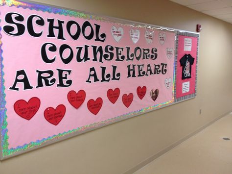 School counselors are all heart bulletin board. I wrote on hearts I care about your... And listed on each heart things I care about such as dreams, grades, friendships, health, joys, sorrows, etc...I put it up during National School Counselors Week. School Counselor Appreciation Week, Counselor Appreciation Week, School Counselor Appreciation, School Counselor Bulletin Boards, Counselor Appreciation Gifts, Counselor Bulletin Boards, Counselors Week, School Counseling Bulletin Boards, National School Counseling Week