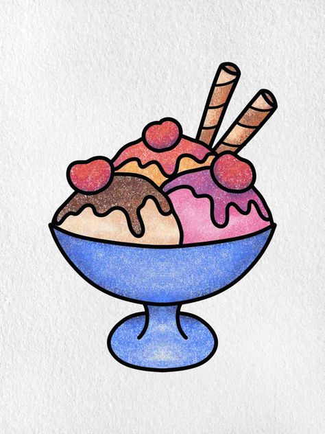 Ice Cream Sunday Drawing, Bowl Of Ice Cream Drawing, Food Drawing Simple, How To Draw Ice Cream, Ice Cream Sundae Drawing, Cute Ice Cream Drawings, Easy Food Drawings, Sundae Drawing, Ice Cream Drawing Easy