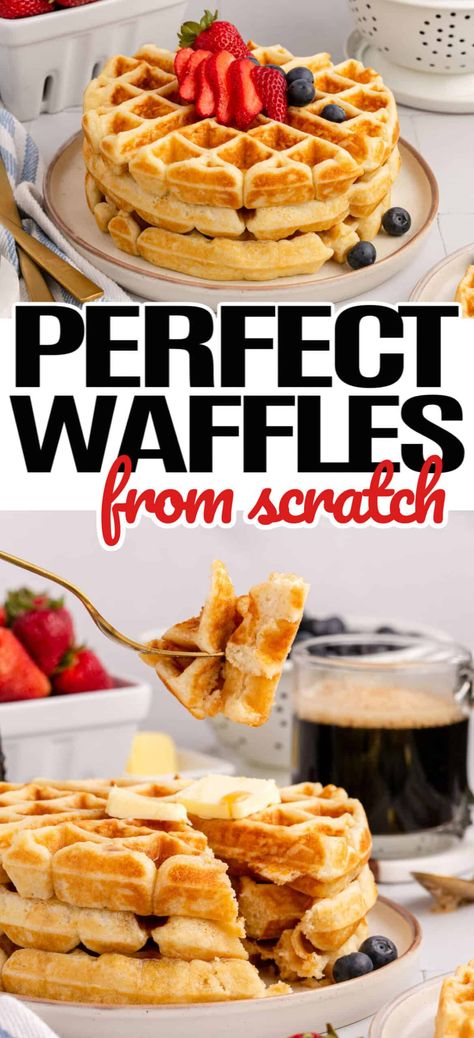 Perfect Waffles from Scratch are simple to make at home using pantry staples! These homemade waffles are a delicious way to start the day! Waffle Recipe With Oil, Old Fashion Waffles Recipe, Homemade Buttermilk Waffles, French Waffle Recipe, Best Waffle Batter Recipe, Waffles From Scratch Easy, Blender Waffle Recipe, How To Make Homemade Waffles, Sweet Waffles Recipe