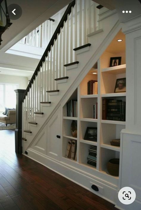 Staircase Furniture Ideas, Built In Bookshelves Staircase, Books Under Stairs, Understairs Shelves Ideas, Open Shelves Under Stairs, Under The Stairs Bookcase, Built In Bookcase Under Stairs, Staircase Bookshelf Ideas, Under Stairs Bookcase