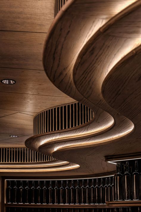 Interior Design in Asia - Hong Kong - MARGO Bar by MR.Studio — Design Anthology معرض فني, Ceiling Design Ideas, Interior Design News, Ceiling Detail, Ceiling Treatments, Wooden Staircases, Interiors Magazine, Lobby Design, Design Room