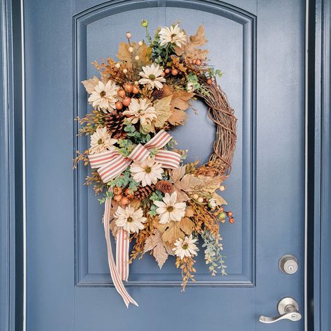 Neutral Colored Fall Silk Flower Wreath for Front Door, Natural Looking Autumn Farmhouse Wreath with Pinecone and Berries Autumn Front Door, Autumn Farmhouse, Silk Flower Wreaths, Beautiful Front Doors, Door Wreaths Fall, Artificial Wreath, Autumn Wreath, Fall Door, Colored Flowers