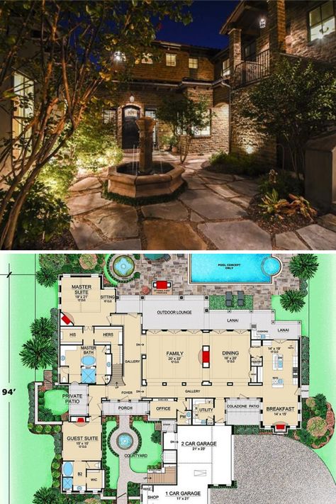 Hacienda Style Homes Layout, House Plans With Front Courtyard, Home Plan With Courtyard, Hacienda Floor Plans Courtyards, House With Courtyard In The Middle Floor Plans, Tuscan Villa House Plans, Italian House With Courtyard, Courtyard Home Floorplans, Spanish Style Courtyard Homes