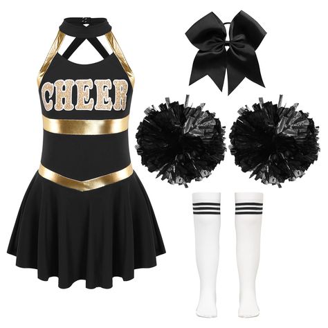 PRICES MAY VARY. 40% Polyester, 20% Nylon, 20% Cotton, 20% PE The cheerleading dance outfits are made of soft fabric, breathable and comfortable to wear Sleeveless dress, cutout front and crisscross straps hollow back design, press buttons for easy wearing Letter CHEER print in the front, with metallic shiny fabric patchwork, briefs inside for wearing safely Come with a cute bowknot headwear, 2Pcs tassel hand flowers and a pair of striped tube socks Perfect for many occasions, cheerleading dance Cheerleading Dress, Best Kids Costumes, Pleated Mini Skirts, Striped Tube Socks, Cheerleading Team, Baby Costumes Girl, Cheerleader Costume, Cheerleading Uniforms, Competition Costumes