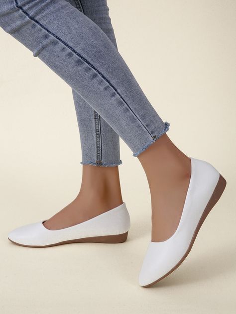 Minimalist Ballet Flats | SHEIN Simple Wedding Shoes Flats, Comfortable White Flats With Round Toe, White Round Toe Flats For Office, Cute Flats Shoes For Women, White Round Toe Flats For Everyday, Women’s Flats, Formal Flat Shoes, White Elegant Ballet Flats For Everyday, Flats Shoes Dressy