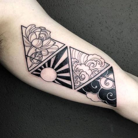 Tattoo As Above So Below, Japanese Geometric Tattoo, Four Elements Tattoo, Geometric Tattoo Ideas, Tattoo Japonais, Tato Geometris, Tattoo Elements, Wellen Tattoo, Japanese Geometric