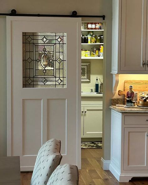 Glass Pantry Doors, 1925 Bungalow, Stained Front Door, Pantry Lighting, Creating An Entryway, White Pantry, Glass Pantry Door, Glass Pantry, Stained Glass Door