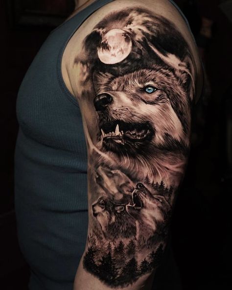 Wolf Tattoo Shoulder, Two Wolves Tattoo, Wolf Pack Tattoo, Wolf Tattoo Forearm, Shine Tattoo, Wolf Sleeve, Tato Flash, Wolf Tattoos Men, Animal Sleeve Tattoo