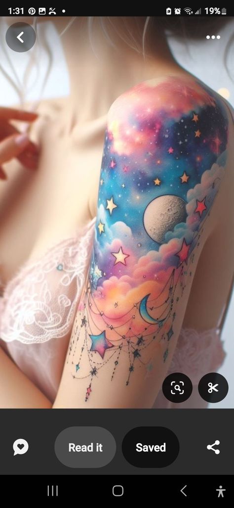 Tattoo Sky, Watercolor Galaxy Tattoo, Sky Tattoos, Galaxy Tattoo, Watercolor Clouds, Cloud Tattoo, Watercolor Galaxy, Glitter Tattoo, Creative Tattoos