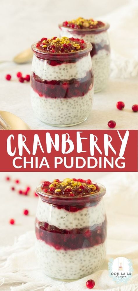 This creamy Cranberry Chia Pudding is one of the best recipes to make using leftover cranberry sauce for the holidays. It's a delicious cranberry chia seed pudding that combines the tart sweetness of cranberries and the nutritious creaminess of chia seeds to create a satisfying breakfast or dessert that's rich in fiber, antioxidants and omega-3 fatty acids. Naturally vegan and gluten-free. Fall Chia Seed Pudding Recipe, Chia Seed Cranberry Sauce, Fall Chia Pudding Recipes, Fresh Cranberry Recipes Gluten Free, Rose Chia Seed Pudding, Vegan Cranberry Dessert Recipes, Date Chia Pudding, Cranberry Chia Pudding, Fall Chia Pudding