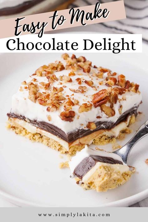 Chocolate Delight is a sweet and creamy, layered dessert treat that is easy to make and perfect to share at family gatherings. Made with a buttery pecan crust, a sweet cream cheese filling, and instant pudding. Try making this treat for your next potluck. simplylakita.com #chocolatedelight Chocolate Delight Dessert Recipe, Chocolate Delight Pie, Easy Chilled Desserts, Pudding Layered Desserts, Heavenly Delight Dessert, Four Layer Delight Recipe, Layered Desserts With Cream Cheese, Chocolate Layered Pudding Dessert, Layered Pudding Desserts