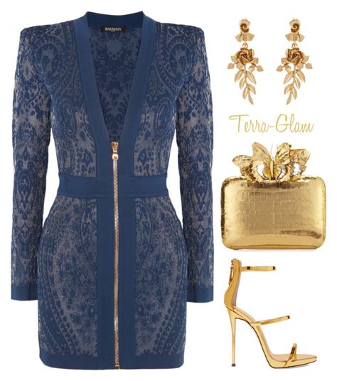 Make A Scene by terra-glam on Polyvore featuring polyvore fashion style Balmain Giuseppe Zanotti Nancy Gonzalez Oscar de la Renta clothing Oscar Night Outfit, Navy Blue And Gold Party, Terra Glam, Blue And Gold Party, Oscar Night, Nancy Gonzalez, Looks Chic, Going Out Outfits, Fancy Outfits