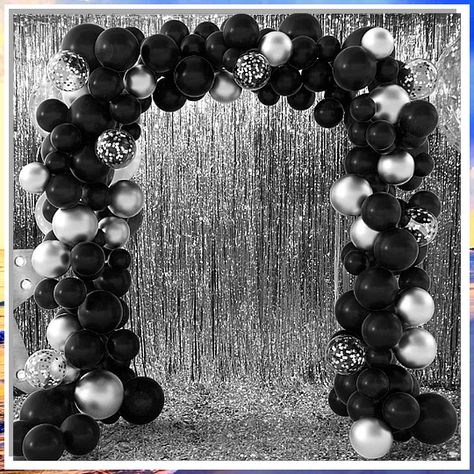 Looking for the perfect black wedding backdrop ideas to make your special day unforgettable? Check out these stunning and elegant designs that will add a touch of sophistication to your wedding decor. From classic black drapes to modern geometric patterns, these backdrops will surely wow your guests and create the perfect backdrop for your big day. Say "I do" in style with these gorgeous black wedding backdrop ideas. Black White And Silver Prom Decorations, Balloon Arch Party Decor, Silver And Black Wedding Decorations, Black And White Ball Sweet 16, Black Silver Quinceanera Theme, Black And Silver Anniversary Decorations, Silver And Black New Years Eve Party, Black And Silver Engagement Party, Black And Silver Prom Backdrop