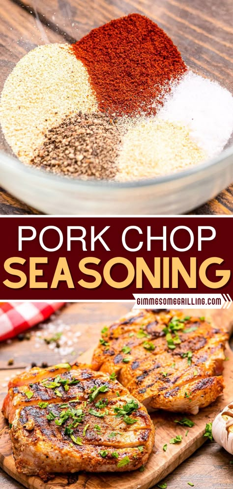 Planning to have Pork Chops on the grill? Thanks to this seasoning mix, they can be mouthwateringly delicious! The perfect blend of spices gives it the best flavor. Make a large batch so you can have it on hand for a quick and easy dinner — pantry staples are all you need! Pork Chop Spices, Best Way To Season Pork Chops, Good Seasoning For Pork Chops, Easy Pork Chop Seasoning, Seasonings For Pork Chops, Pork Seasoning Spices, Pork Chop Seasoning Grilled, Pork Chop Seasoning Recipe, How To Season Pork Chops