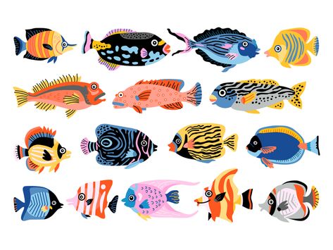 How To Draw Tropical Fish, Colorful Fish Illustration, Cool Fish Drawing, Tropical Fish Illustration, Tropical Fish Painting, Fish Illustration Cute, Colorful Fish Drawing, Tropical Fish Drawing, Sea Fish Illustration