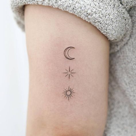 Minimal Sun Moon Stars Tattoo, Sun Moon And Stars Tattoo Delicate, Start Moon Sun Tattoo, Sun The Moon And Stars Tattoo, Moon And Stars Best Friend Tattoo, Sibling Tattoos For 3 Sun Moon Star, Small Tattoos Sun Moon Stars, Sun Moon Star Minimal Tattoo, Suns And Moon Tattoo