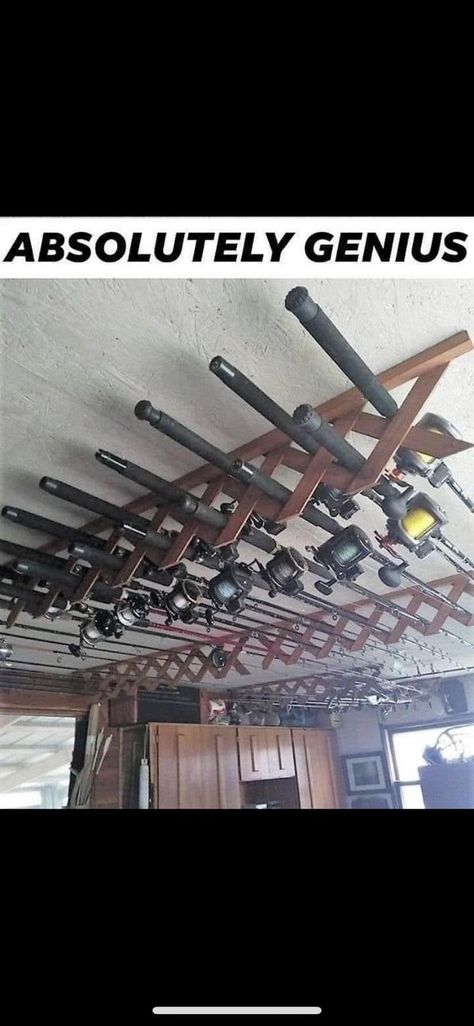 Recycle, Reuse and Repurpose! | Some old lattice pieces for fishing rod storage 😎🍻 | Facebook Pool Patio Designs, Garage Storage Inspiration, Fishing Storage, Fishing Rod Storage, Deer Mounts, Fishing Rod Holder, Garage Organization, Woodworking Projects Diy, Pool Patio