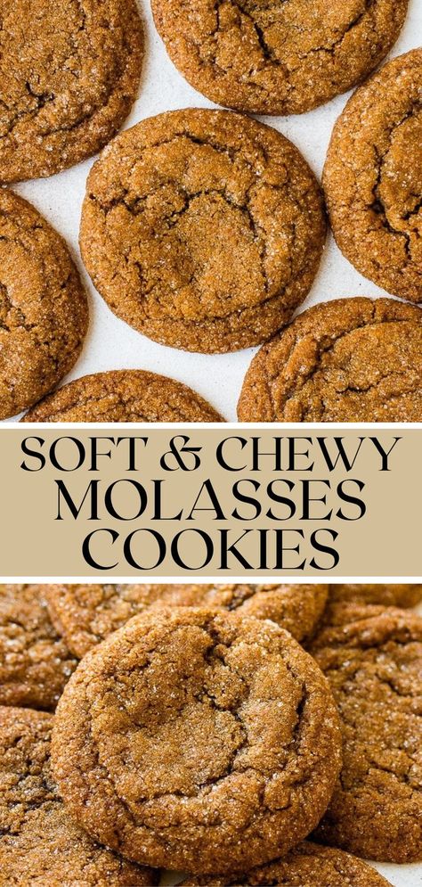 These super soft and chewy molasses cookies have the perfect gooey texture, are lightly spiced, and make a delicious snack especially during the holidays! Spice Cookie Recipes, Molasses Recipes, Chewy Molasses Cookies, Molasses Cookies Recipe, Ginger Molasses Cookies, Molasses Cookies, Ginger Cookies, Spice Cookies, Bakery Recipes