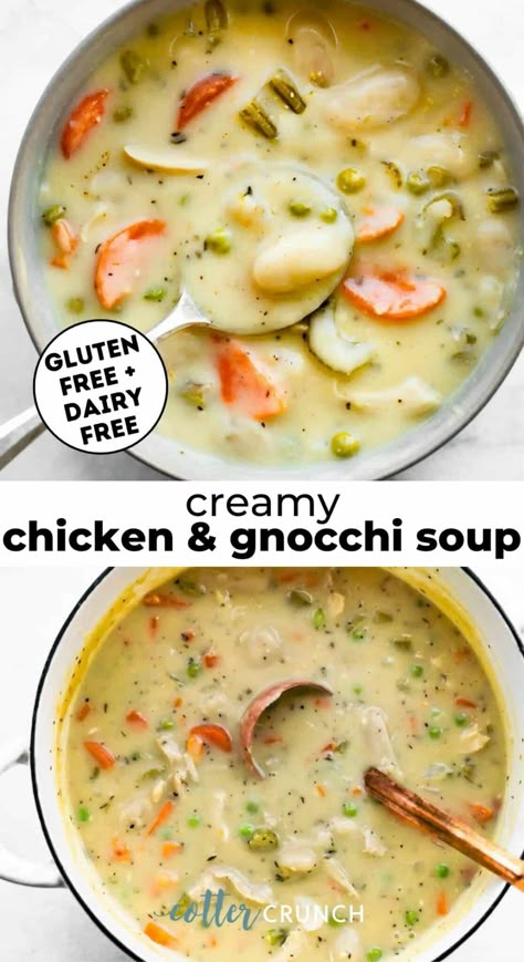 This Creamy Chicken and Gnocchi Soup recipe transforms classic chicken and dumplings into an easy to make comfort food soup recipe. It’s full of nutritious, gluten-free, dairy-free ingredients and comes together with minimal prep time on the stovetop! Make this healthy chicken soup with gluten free gnocchi, leftover turkey from the holidays and dairy free coconut milk. Cozy homemade soup for the win! Chicken Gnocchi Soup Coconut Milk, Chicken And Gnocchi Soup Dairy Free, Gluten Free Chicken And Dumpling Soup, Olive Garden Chicken Gnocchi Soup Dairy Free, Gluten Free Chicken And Gnocchi Soup, Gluten Free Hearty Soups, Dairy Free Chicken Gnocchi Soup, Chicken Gnocchi Soup Dairy Free, Dairy Free Gnocchi Soup