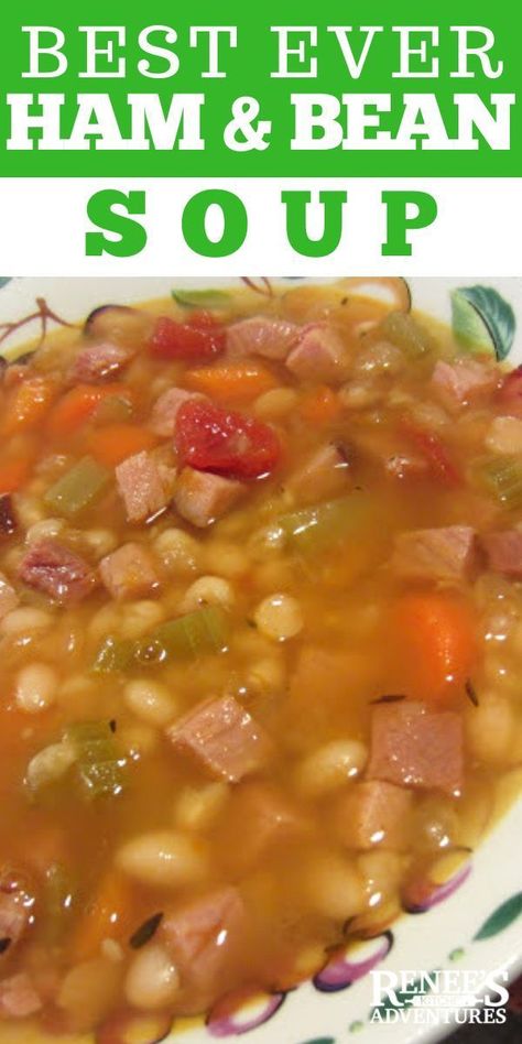 Ham and Bean Soup by Renee's Kitchen Adventures - classic ham and bean soup made easy on the stove top. Smoky ham, white beans, and veggies make this soup a family favorite. It's a healthy soup that will warm you right up! #soup #beansoup #hamandbeansoup Ham Soup Recipes, Ham Bone Soup, Ham And Bean, Bean Soup Recipe, Soup Beans, Ham Soup, Ham And Beans, Ham And Bean Soup, Bean Soup Recipes