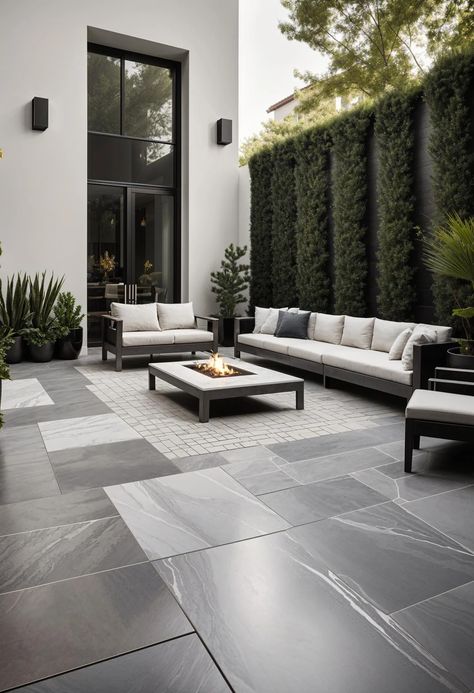 23 Gorgeous Paver Patio Ideas You Must See 61 Paved Yard Ideas, Grey And White Patio Ideas, Modern Patio Pavers, Patio Design Pavers, Modern Stone Patio, Front Patio Design, Outdoor Terrace Ideas, Large Patio Ideas, Paving Ideas Outdoor