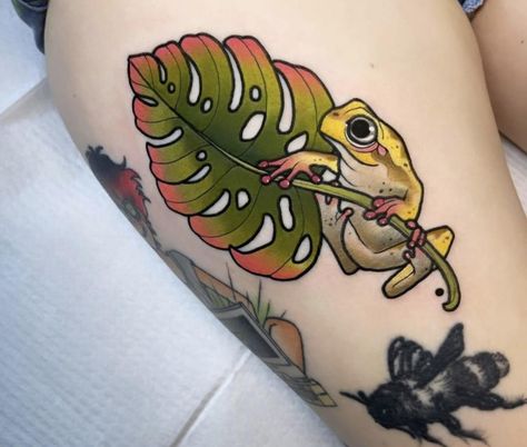 Neo Traditional Matching Tattoos, Neo Traditional Monstera Tattoo, Unique Frog Tattoo, Neotraditional Color Tattoo, Trad Mushrooms Tattoo, 2 Color Tattoo, Neo Traditional Alligator Tattoo, Insect Tattoo Color, Earthworm Jim Tattoo