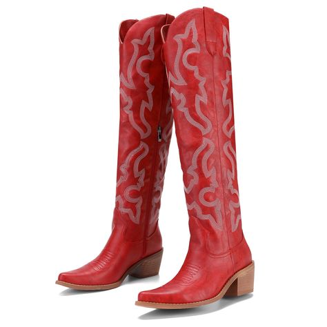 PRICES MAY VARY. Snip toe Chunky heel Western stitch patterns With half zippers for easy on and off Heel Height - 2" Shaft Height - 22" These versatile western boots are perfect for various occasions and can be paired with jeans, skirts, or dresses for a range of stunning looks. Whether you're attending a country music concert, embracing your inner cowgirl, or simply want to add a touch of Western flair to your outfit, these boots are the perfect choice. Red Cowgirl Boots Outfit, Knee Cowgirl Boots, Thrift Manifest, Red Boots Women, Cowboy Boots Women Outfits, Embroidered Cowboy Boots, Red Cowgirl Boots, Cowboy Boots For Women, Texas Summer