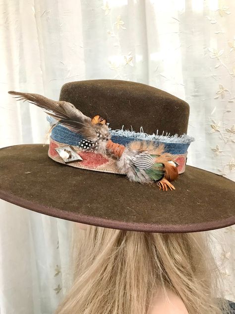 Let's design your hatband together...using raw denim as a base building it from there... Accenting it with Genuine Pendleton (r) wool or western fabrics, italian wool etc, and using feathers and conchos to Turquoise and beading . Together we will create  your custom one of a kind piece  IF...I do not hear back from you I will create a design similar to those pictured but a creation of my own. There will be no returns on these. Contact me with questions and let's build it IF you have a color pref Custom Western Hats, Custom Hat Bands, Decorated Cowboy Hats, Western Fabrics, Hat Bands Diy Ideas, Custom Hat Ideas, Custom Cowgirl Hats, Painted Cowboy Hats, Hat Decorating Ideas