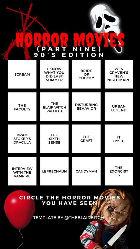 Halloween Movie Bingo, Horror Movie Bingo, Movie Instagram Story, Scary Movie List, Movie Bingo, 90s Horror Movies, Scary Movies To Watch, Horror Movie Costumes, Top Horror Movies